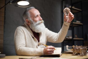 dziadek z puzzlem 3D z drewna